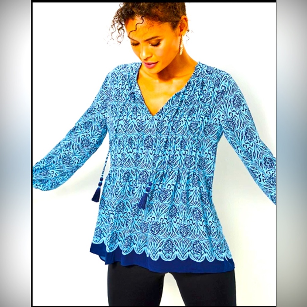 Lilly Pulitzer Marlina Tunic Blue Go Your Own Way Top Floral Long Sleeve NWT